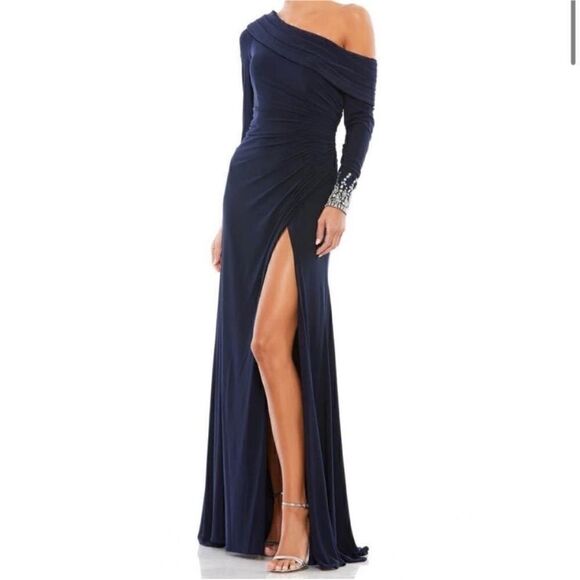 Mac Duggal Ruched Jersey Drop Shoulder Foldover Gown - Picture 1 of 8